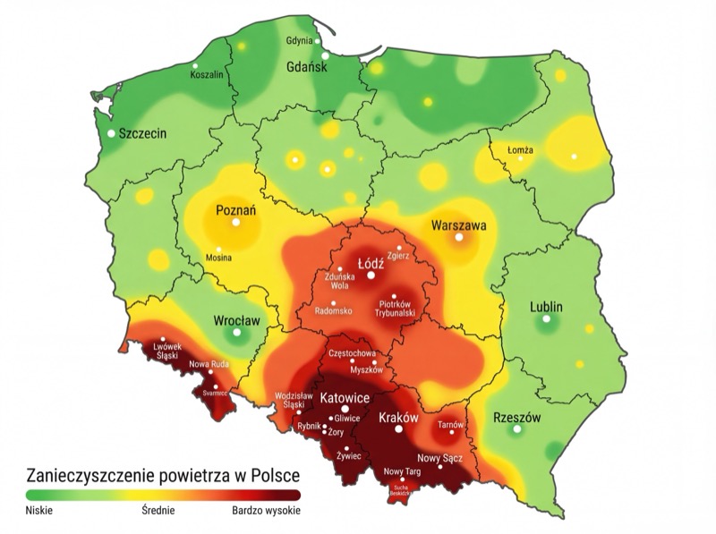 Mapa zanieczyszczenia powietrza w Polsce — strefy smogowe